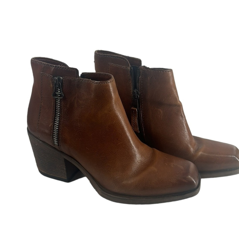 Mjus boots bootie stacked chunky heel brown leather square toe fall sz 8.5